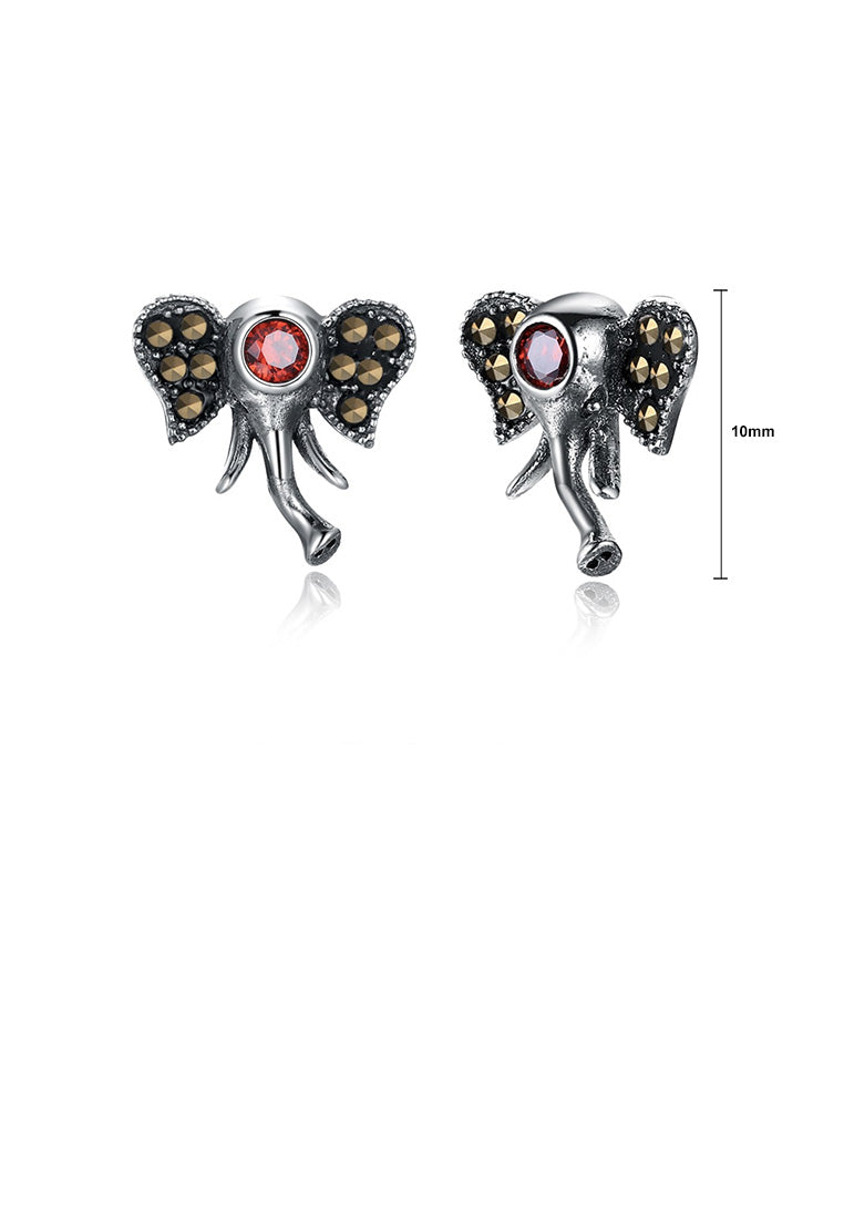 925 Sterling Silver Vintage Fashion Elephant Red Cubic Zircon Stud Earrings - Vibrant Color