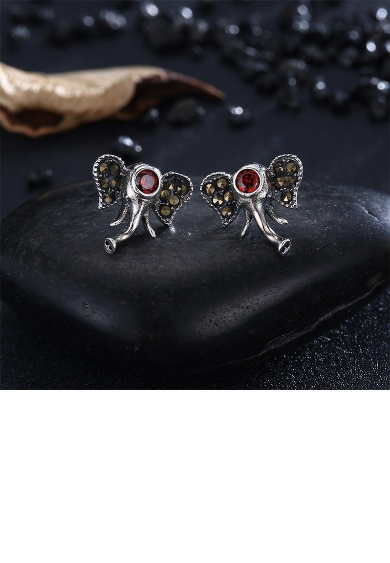 925 Sterling Silver Vintage Fashion Elephant Red Cubic Zircon Stud Earrings - Vibrant Color