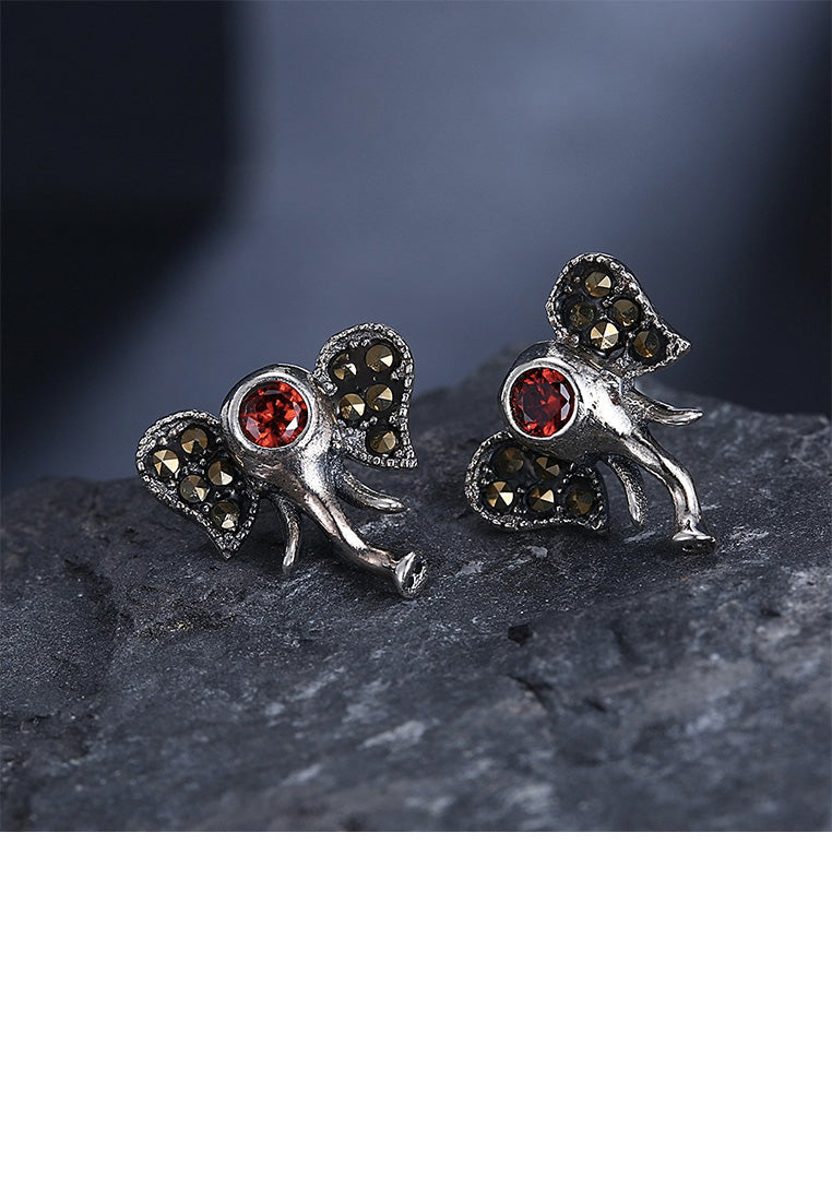 925 Sterling Silver Vintage Fashion Elephant Red Cubic Zircon Stud Earrings - Vibrant Color