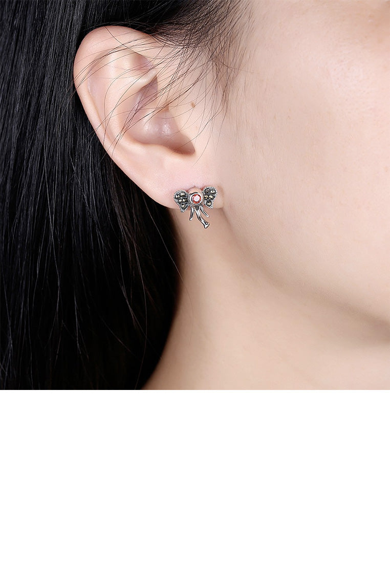 925 Sterling Silver Vintage Fashion Elephant Red Cubic Zircon Stud Earrings - Vibrant Color