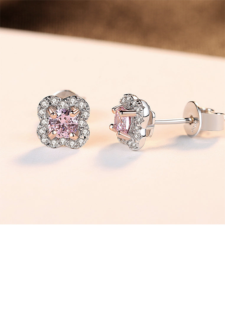 925 Sterling Silver Elegant Fashion Flower Stud Earrings with Pink Cubic Zirconia - Luxurious Look - Vibrant Color