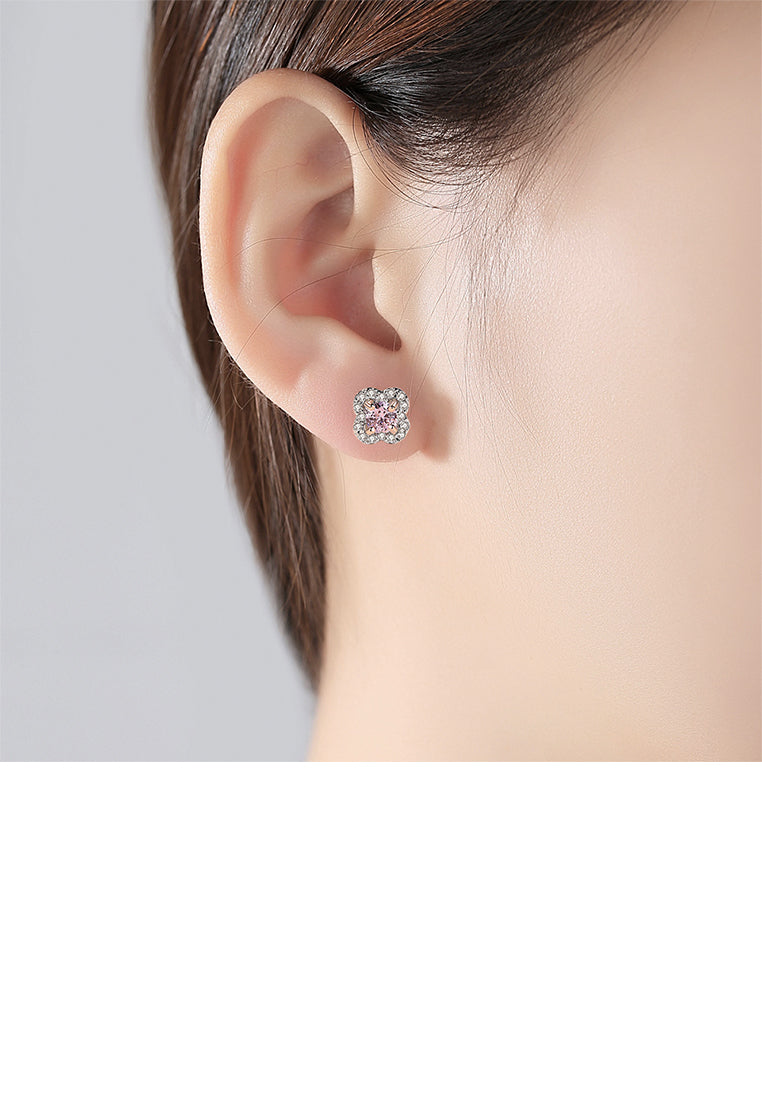 925 Sterling Silver Elegant Fashion Flower Stud Earrings with Pink Cubic Zirconia - Luxurious Look - Vibrant Color