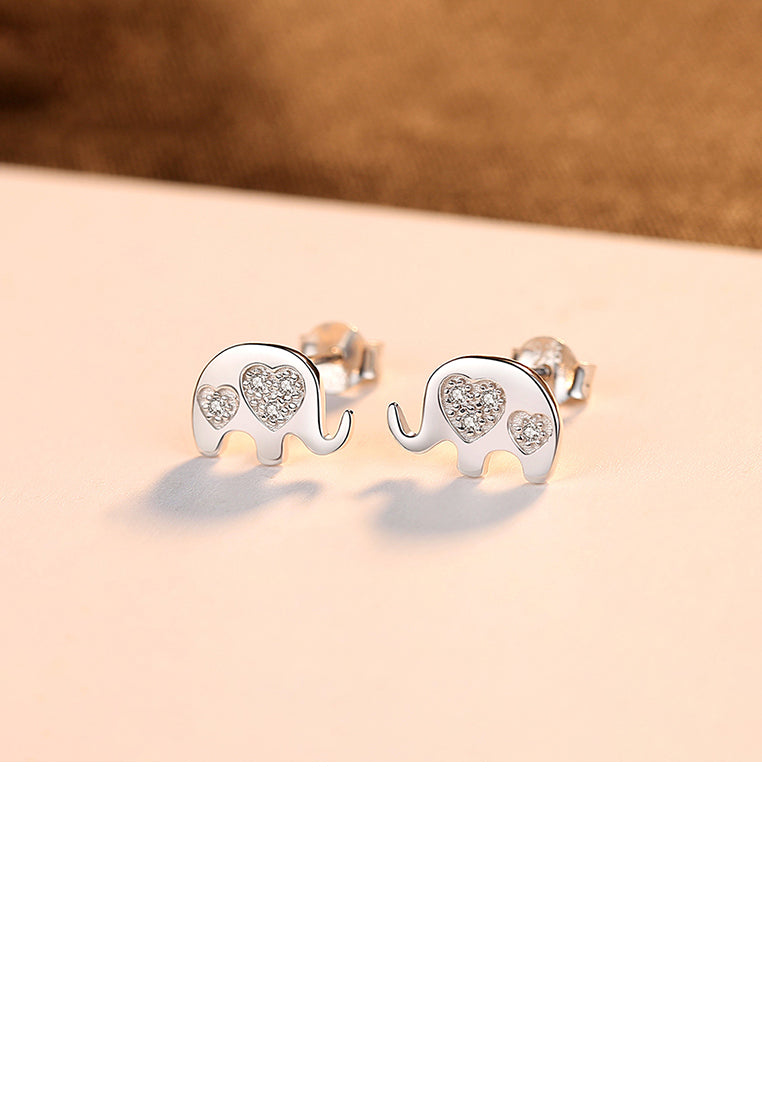 925 Sterling Silver Simple Cute Elephant Stud Earrings with Cubic Zirconia - Luxurious Look