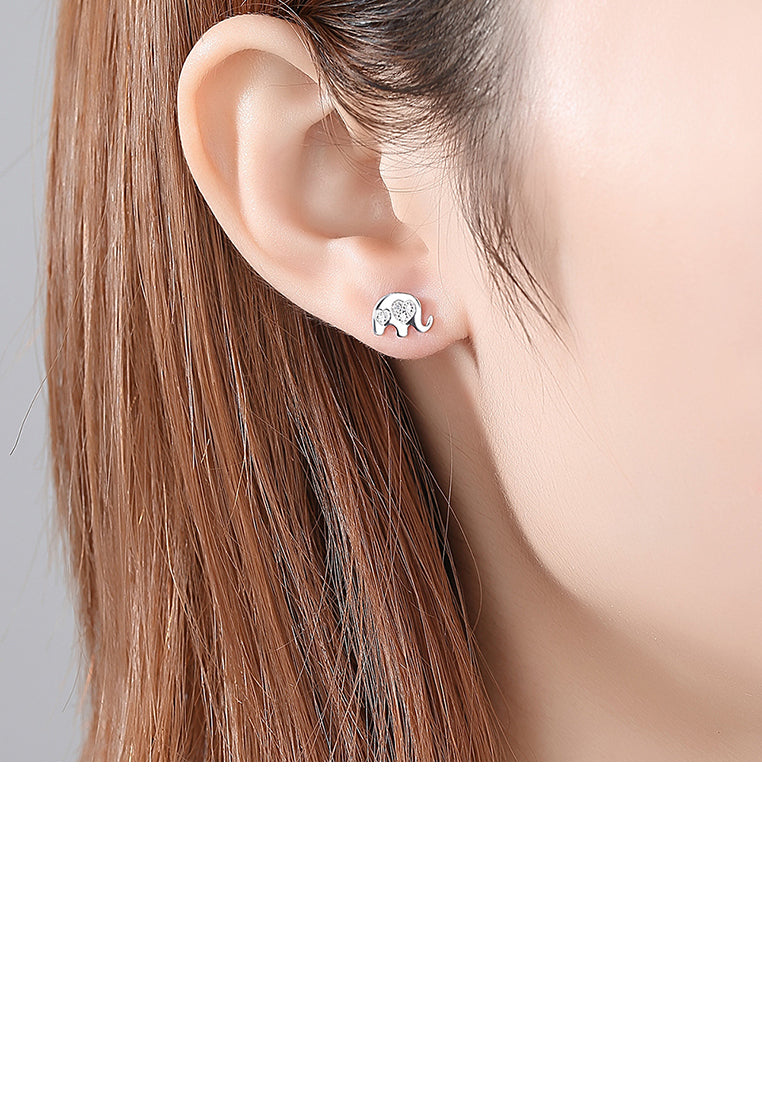925 Sterling Silver Simple Cute Elephant Stud Earrings with Cubic Zirconia - Luxurious Look