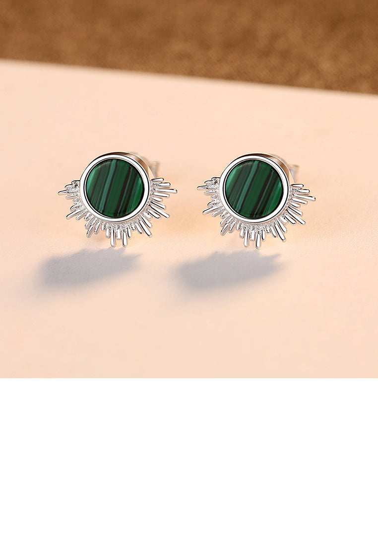 925 Sterling Silver Simple Fashion Geometric Round Imitation Malachite Stud Earrings