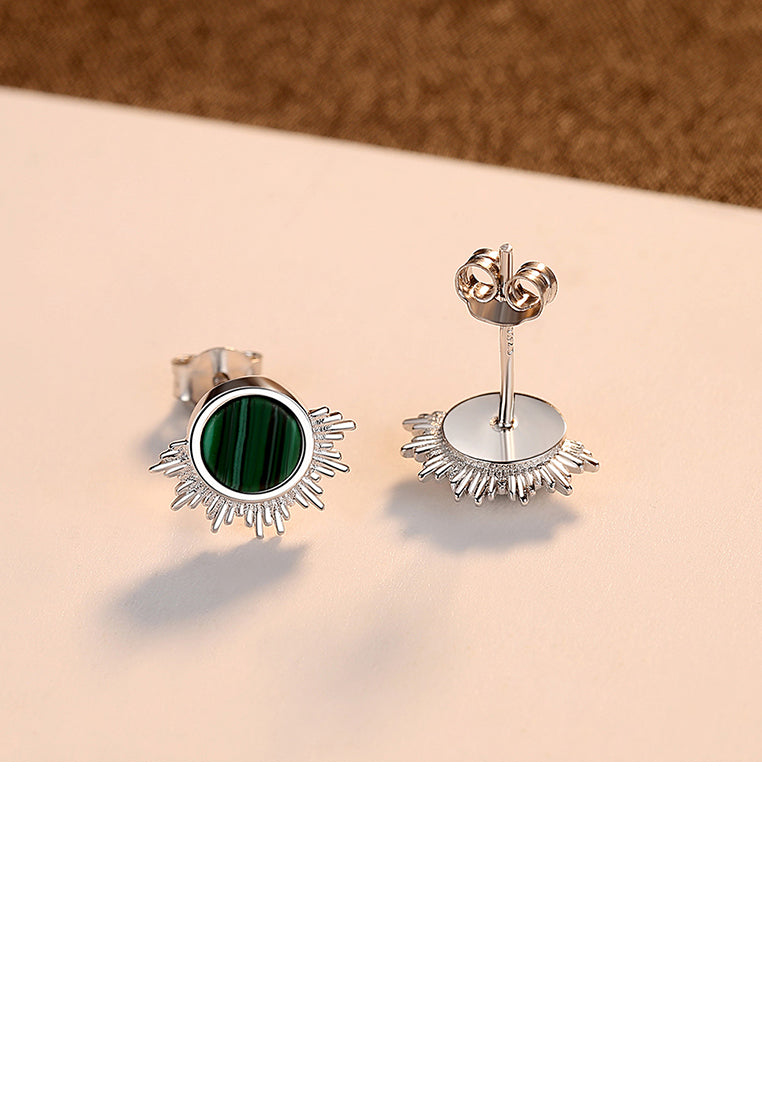 925 Sterling Silver Simple Fashion Geometric Round Imitation Malachite Stud Earrings