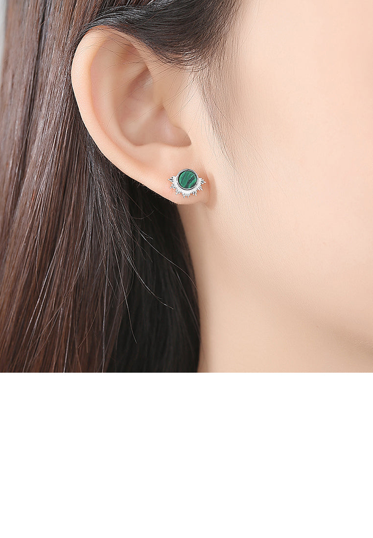925 Sterling Silver Simple Fashion Geometric Round Imitation Malachite Stud Earrings