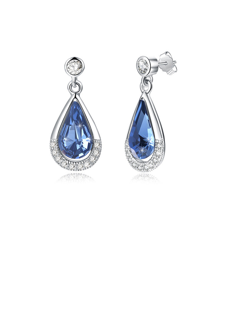 925 Sterling Silver Brilliant and Elegant Water Drop Earrings with Blue Austrian Element Crystal