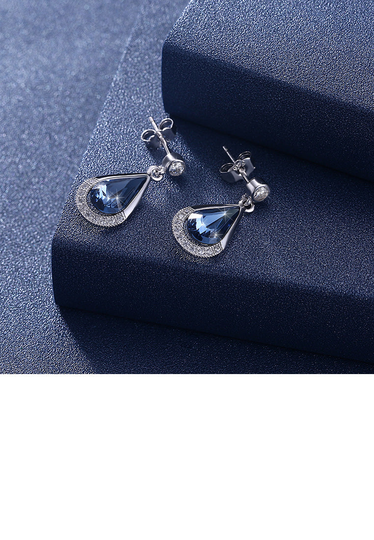925 Sterling Silver Brilliant and Elegant Water Drop Earrings with Blue Austrian Element Crystal