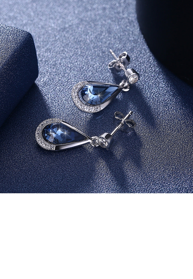 925 Sterling Silver Brilliant and Elegant Water Drop Earrings with Blue Austrian Element Crystal