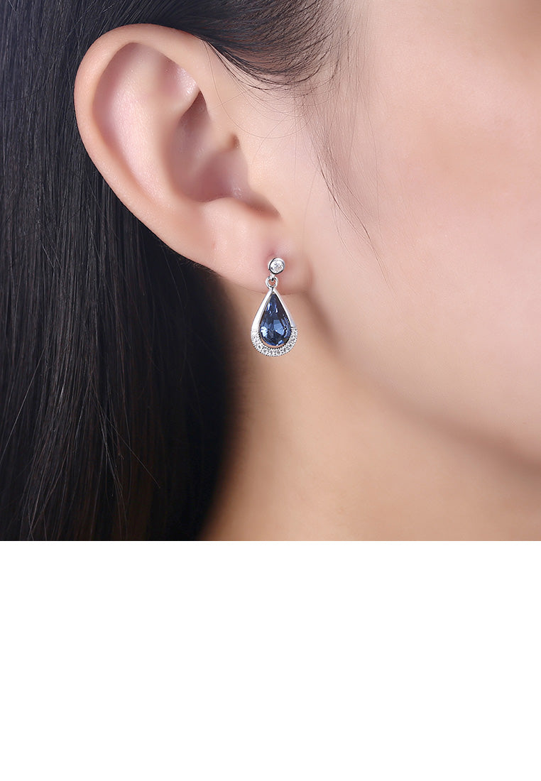 925 Sterling Silver Brilliant and Elegant Water Drop Earrings with Blue Austrian Element Crystal
