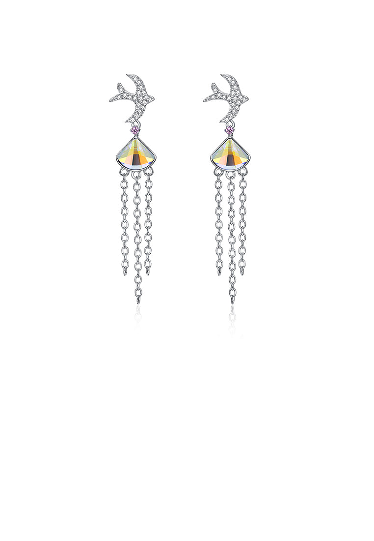925 Sterling Silver Cute Little Swallow Tassel Earrings with Color Austrian Element Crystal