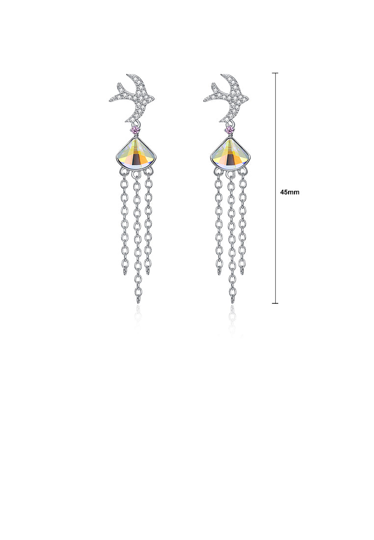 925 Sterling Silver Cute Little Swallow Tassel Earrings with Color Austrian Element Crystal