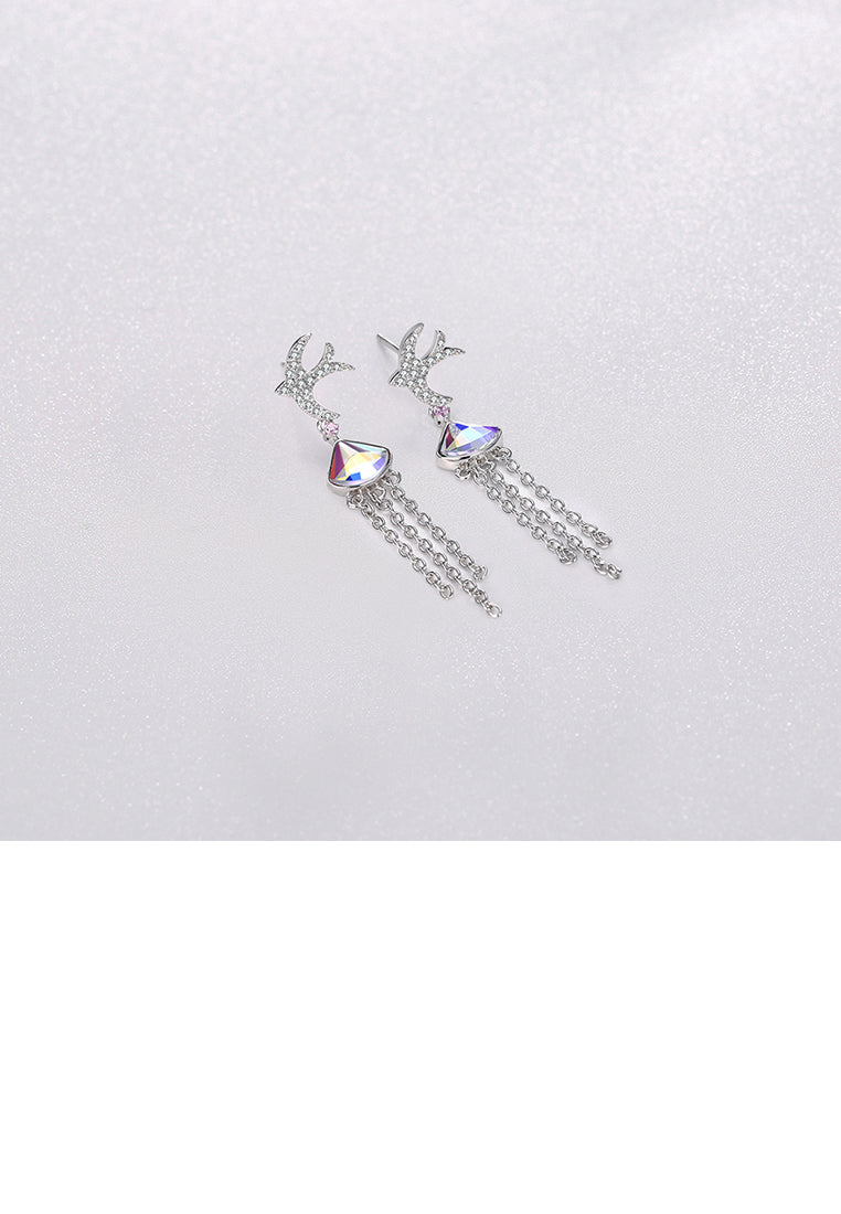 925 Sterling Silver Cute Little Swallow Tassel Earrings with Color Austrian Element Crystal