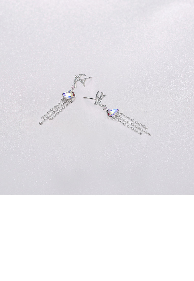 925 Sterling Silver Cute Little Swallow Tassel Earrings with Color Austrian Element Crystal
