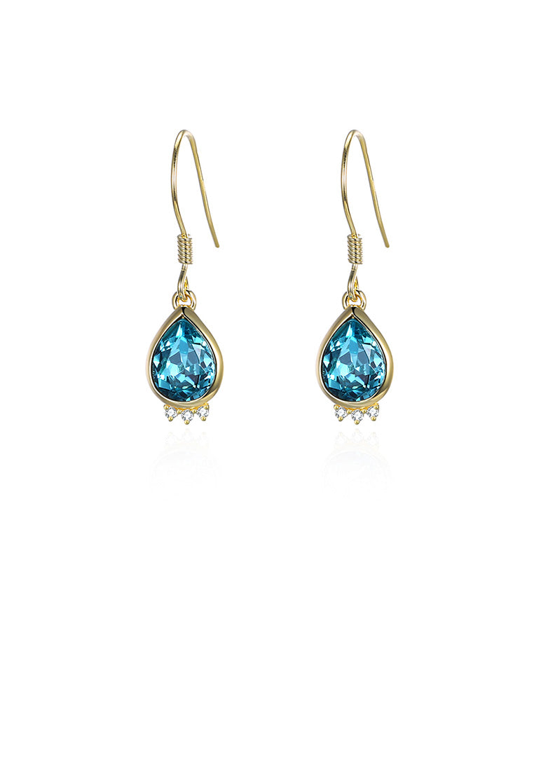 925 Sterling Silver Plated Gold Elegant Fashion Water Drop Earrings with Blue Austrian Element Crystal