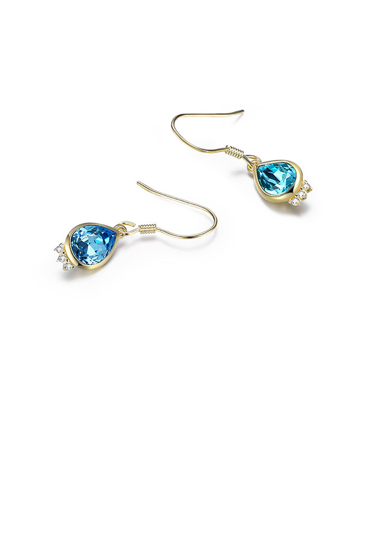 925 Sterling Silver Plated Gold Elegant Fashion Water Drop Earrings with Blue Austrian Element Crystal