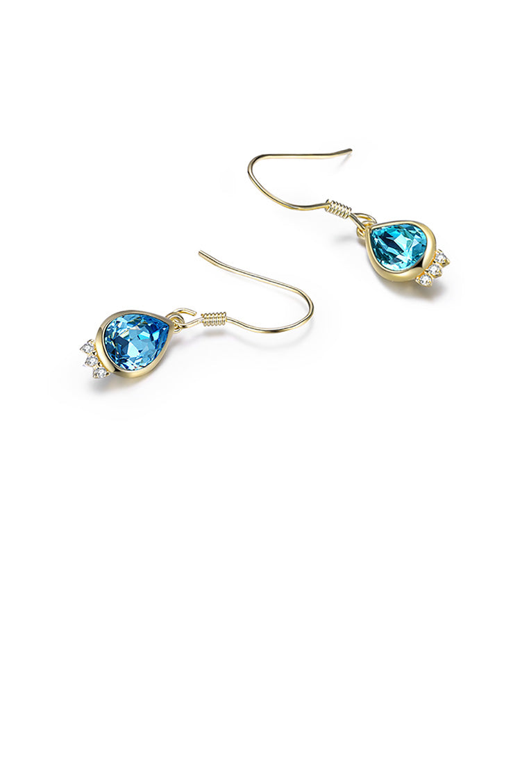 925 Sterling Silver Plated Gold Elegant Fashion Water Drop Earrings with Blue Austrian Element Crystal