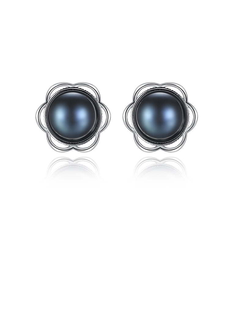 925 Sterling Silver Simple Elegant Flower Black Freshwater Pearl Stud Earrings - Luxurious Look