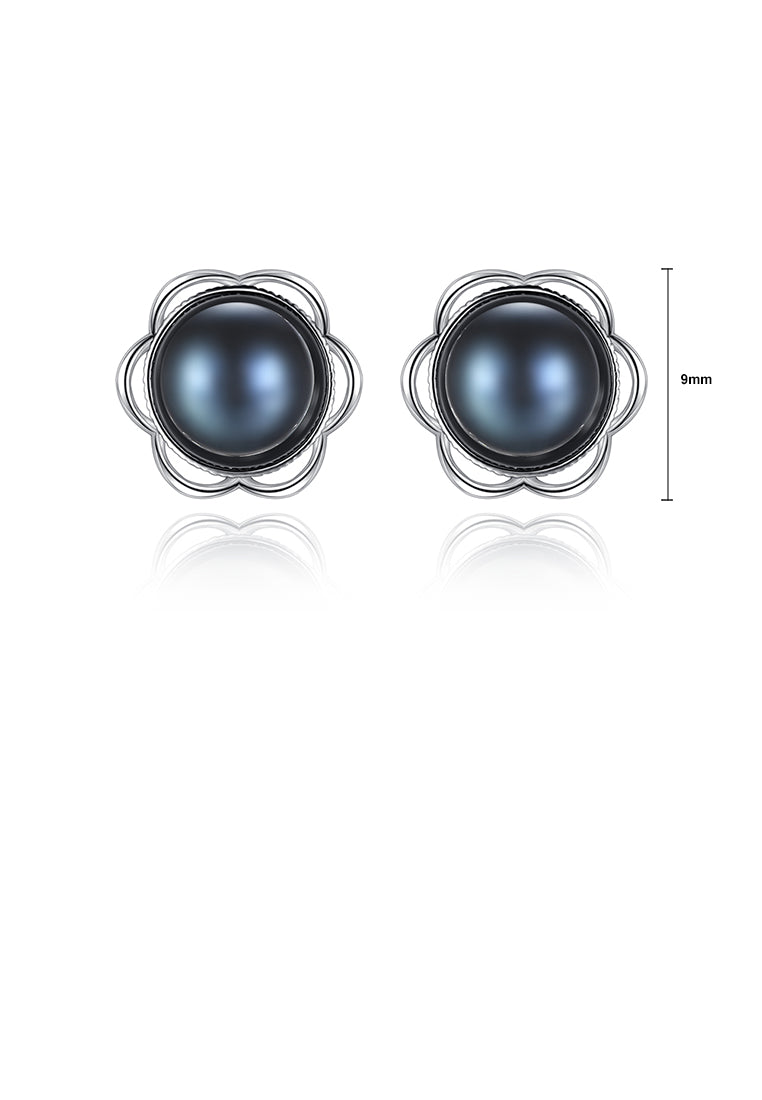 925 Sterling Silver Simple Elegant Flower Black Freshwater Pearl Stud Earrings - Luxurious Look