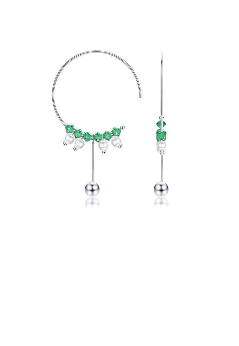 925 Sterling Silver Simple Round Circle Tassel Earrings with Green Austrian Element Crystal