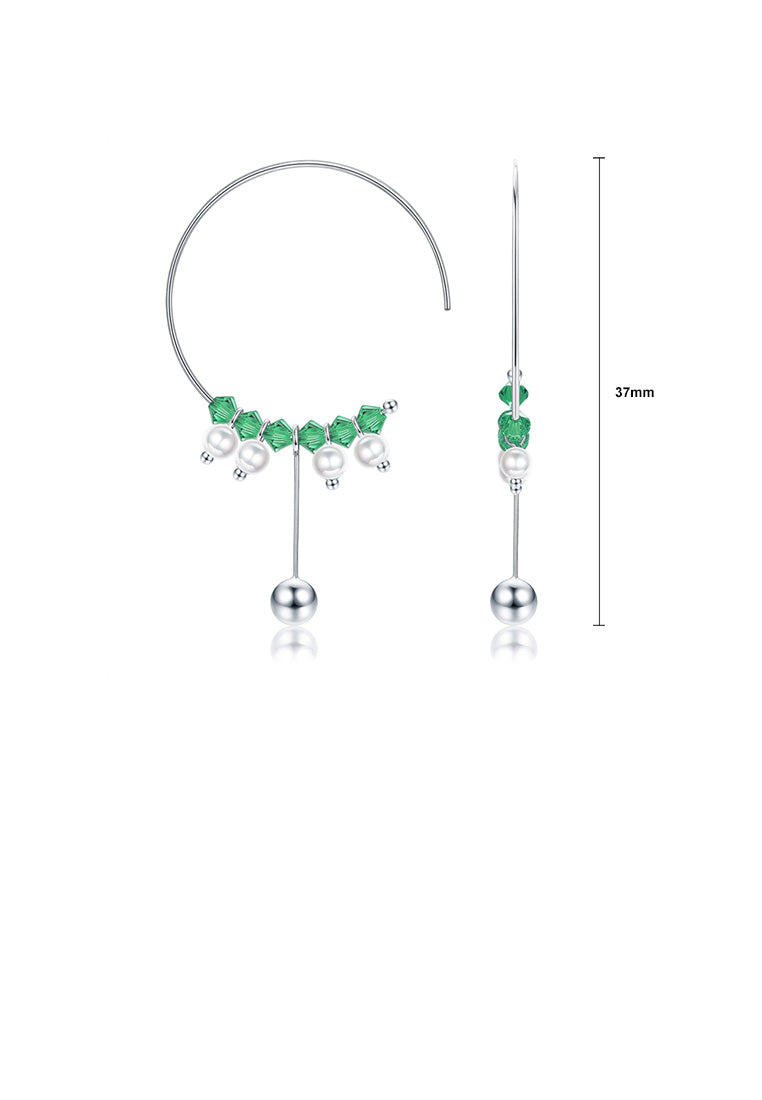 925 Sterling Silver Simple Round Circle Tassel Earrings with Green Austrian Element Crystal