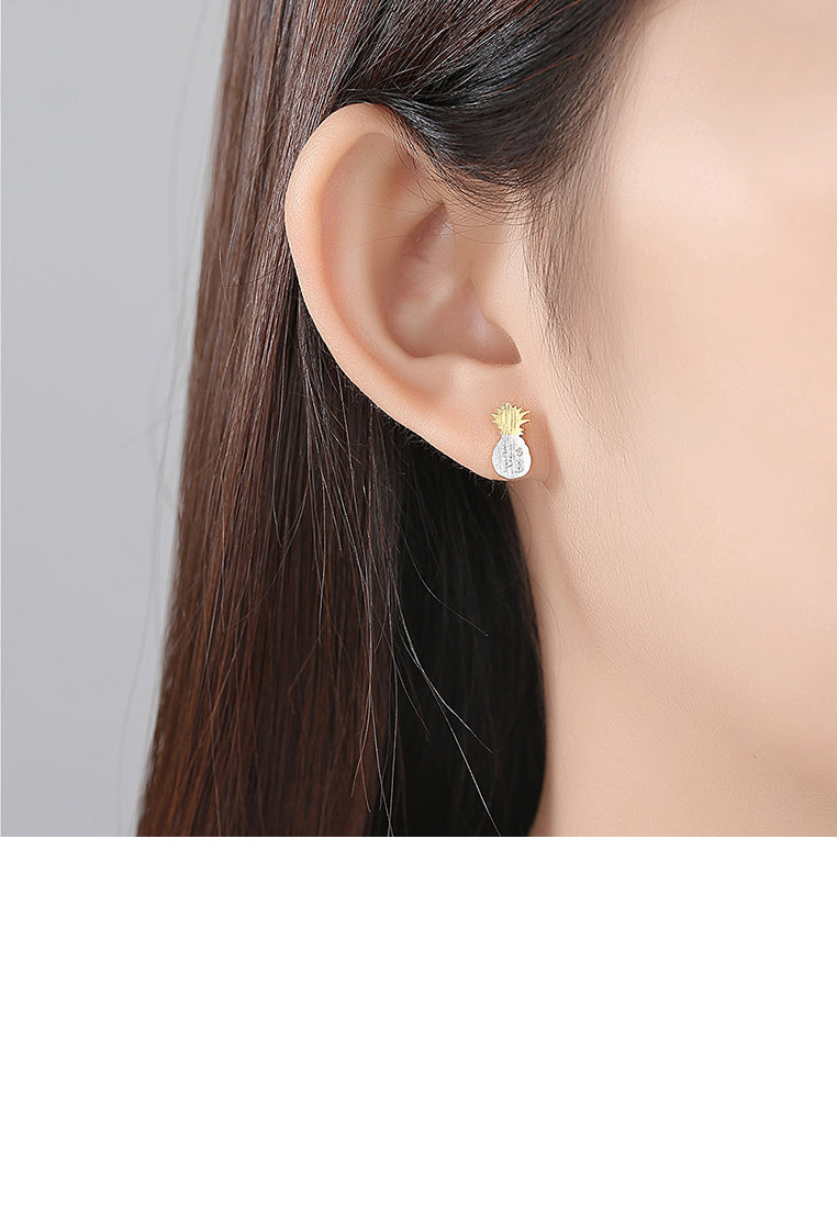 925 Sterling Silver Simple Personality Double Color Pineapple Stud Earrings