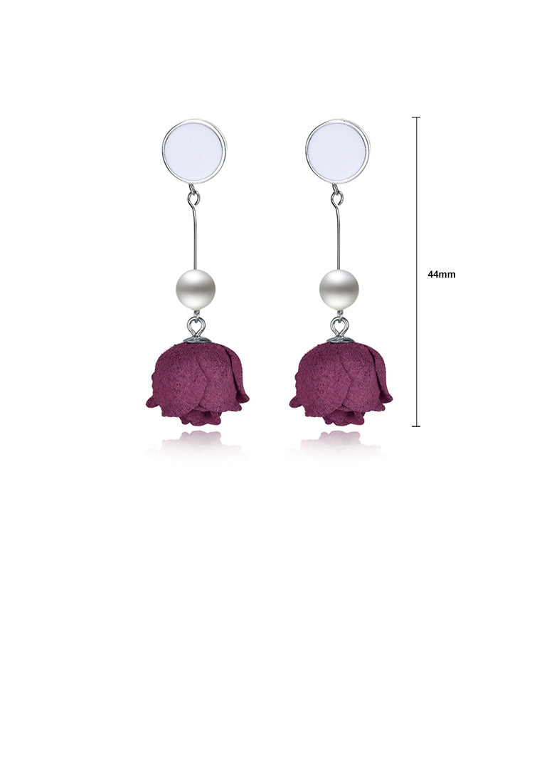 925 Sterling Silver Fashion Elegant Red Rose Pearl Tassel Earrings - Luxurious Look - Vibrant Color