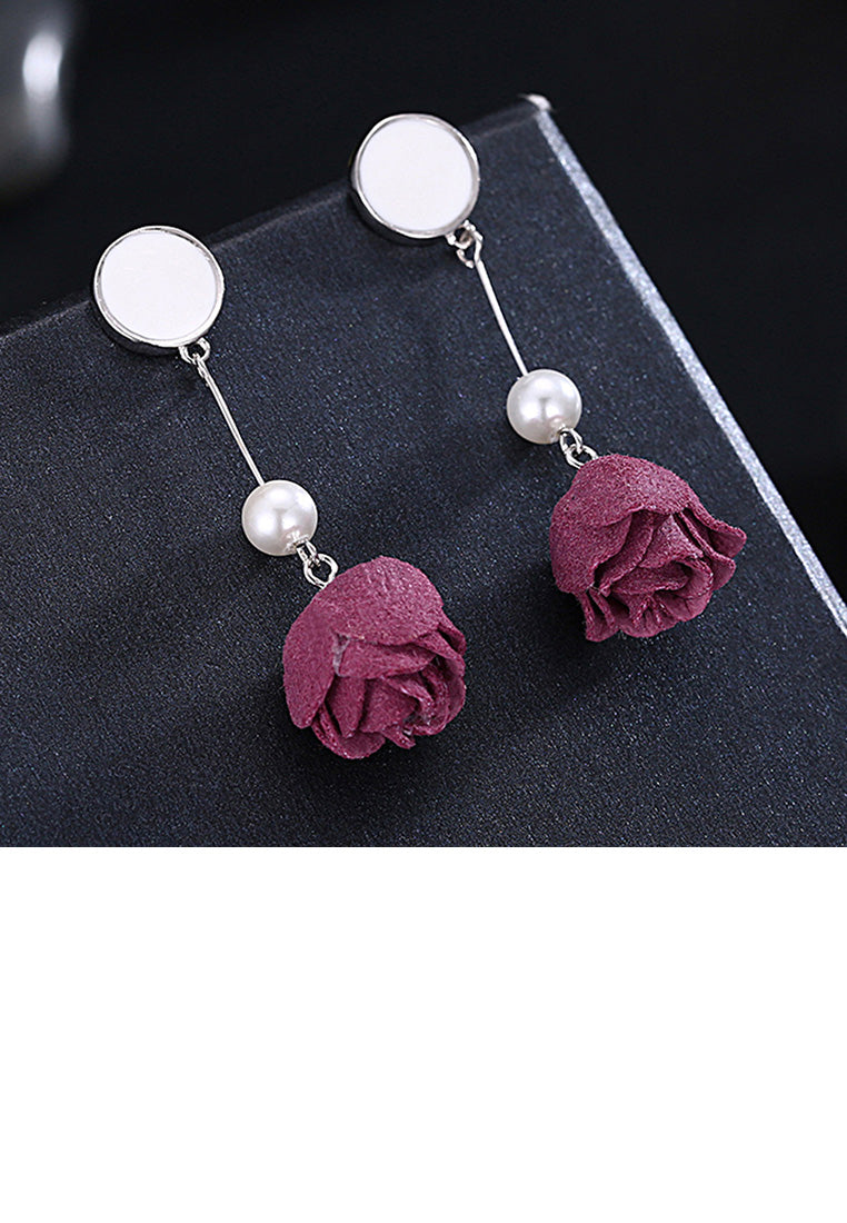 925 Sterling Silver Fashion Elegant Red Rose Pearl Tassel Earrings - Luxurious Look - Vibrant Color