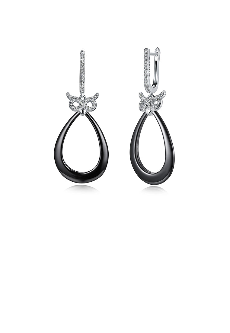 925 Sterling Silver Owl Black Drop Earrings with Austrian Element Crystal