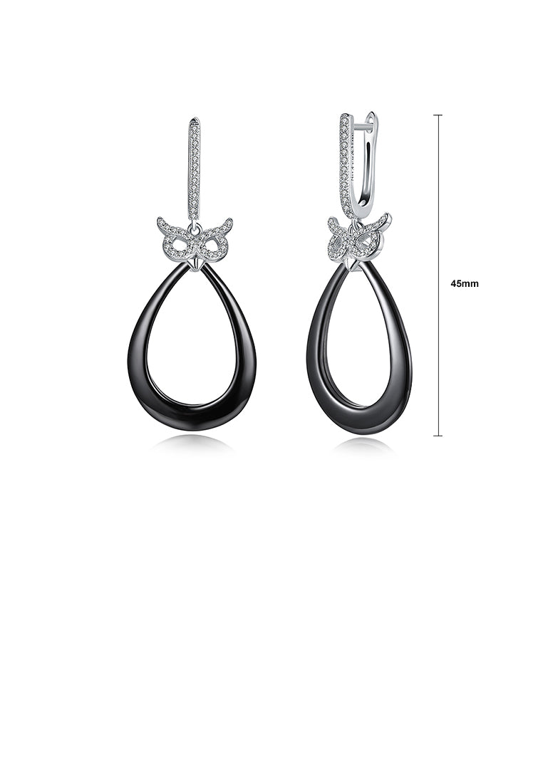 925 Sterling Silver Owl Black Drop Earrings with Austrian Element Crystal