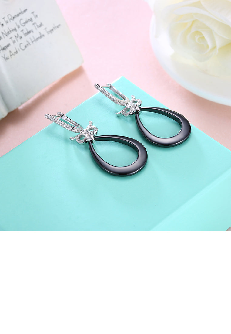 925 Sterling Silver Owl Black Drop Earrings with Austrian Element Crystal