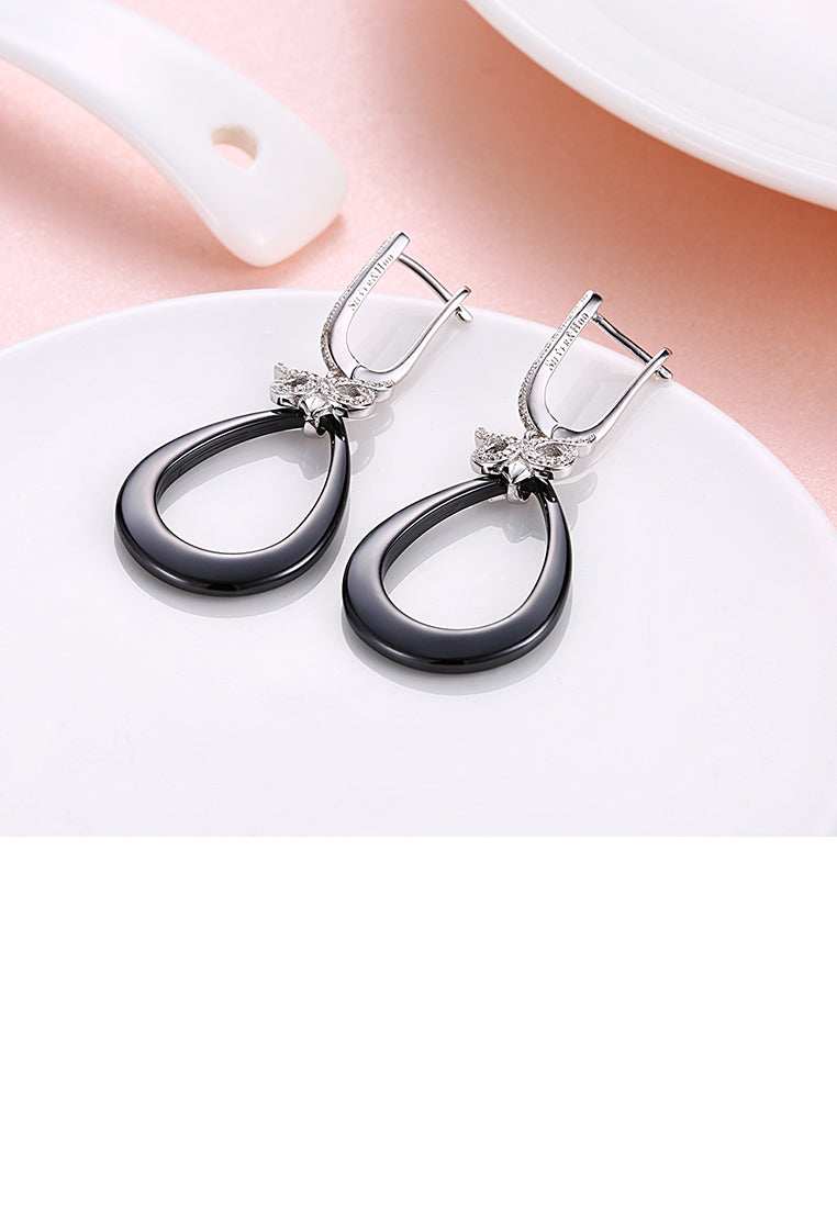 925 Sterling Silver Owl Black Drop Earrings with Austrian Element Crystal