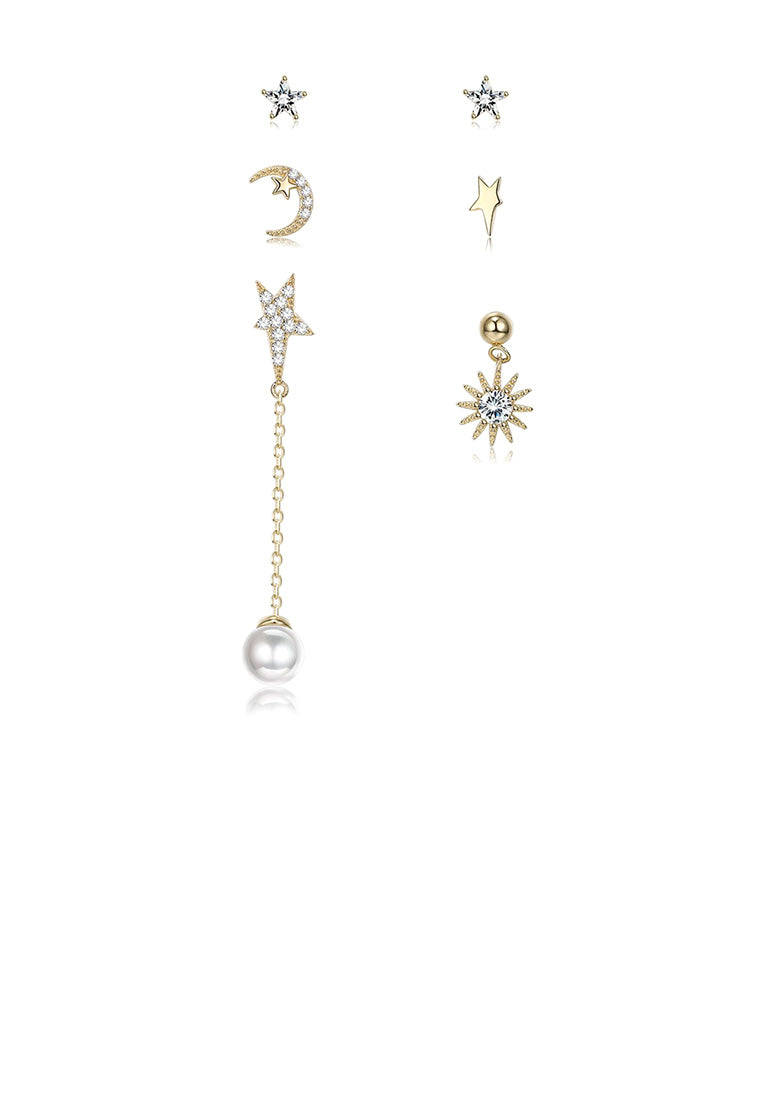925 Sterling Silver Plated Gold Simple Star Moon Cubic Zircon Pearl Three-piece Asymmetric Earrings - Luxurious Look