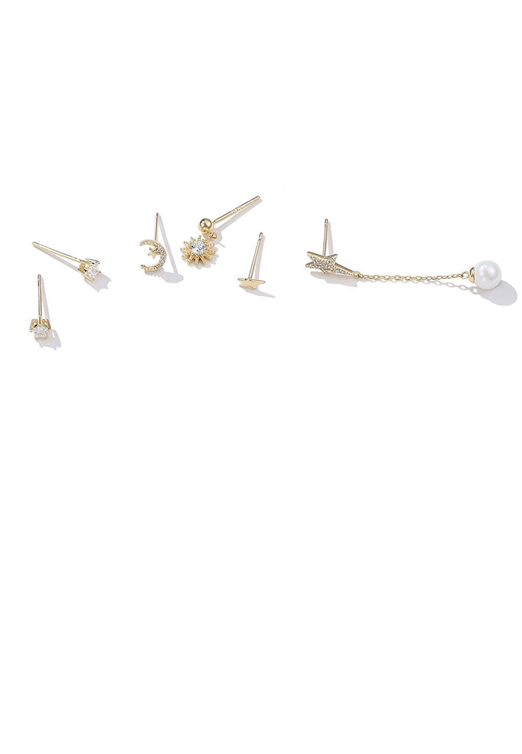 925 Sterling Silver Plated Gold Simple Star Moon Cubic Zircon Pearl Three-piece Asymmetric Earrings - Luxurious Look