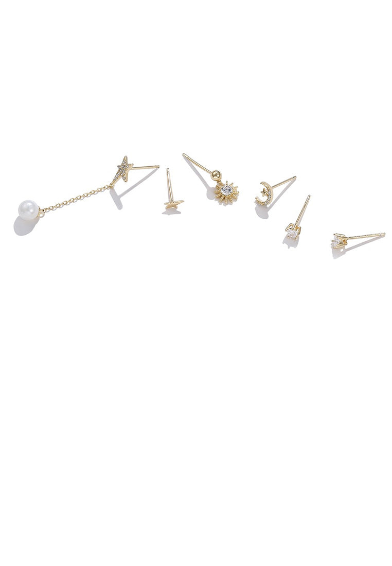 925 Sterling Silver Plated Gold Simple Star Moon Cubic Zircon Pearl Three-piece Asymmetric Earrings - Luxurious Look