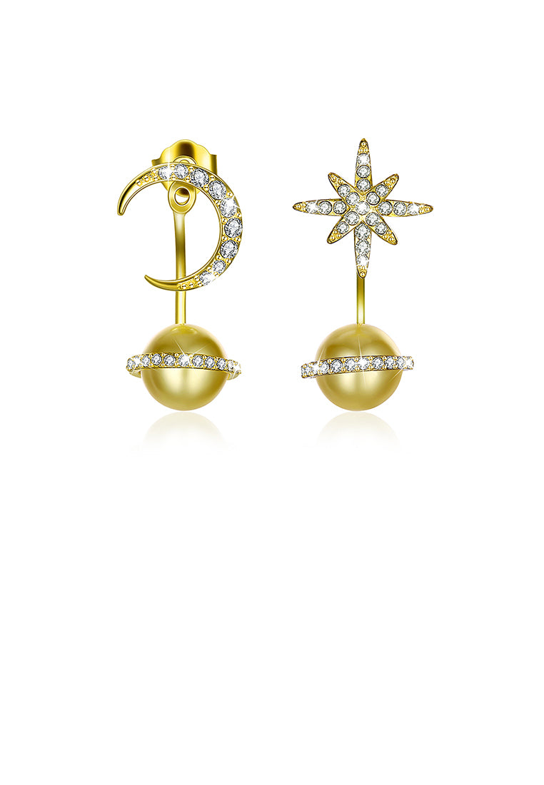 925 Sterling Silver Fashion Sparkling Starry Sky Stars and Moon Planet Earrings with Golden Pearl and Austrian Element Crystal - Luxurious Look