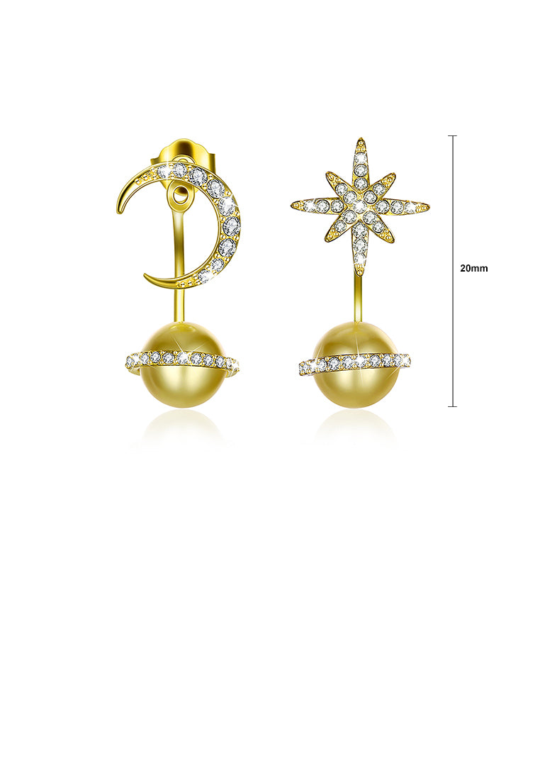 925 Sterling Silver Fashion Sparkling Starry Sky Stars and Moon Planet Earrings with Golden Pearl and Austrian Element Crystal - Luxurious Look