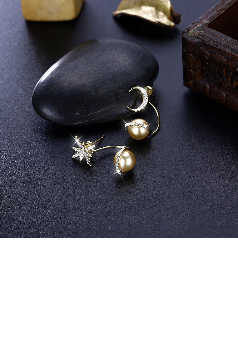 925 Sterling Silver Fashion Sparkling Starry Sky Stars and Moon Planet Earrings with Golden Pearl and Austrian Element Crystal - Luxurious Look