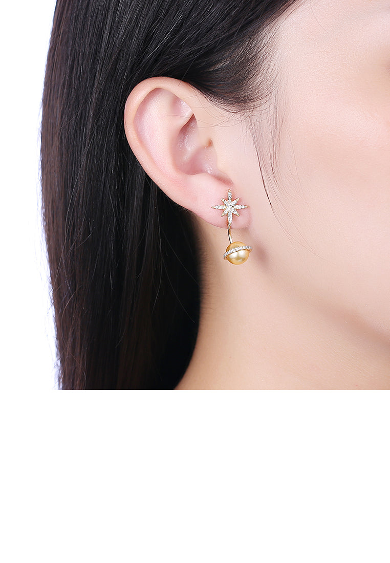 925 Sterling Silver Fashion Sparkling Starry Sky Stars and Moon Planet Earrings with Golden Pearl and Austrian Element Crystal - Luxurious Look