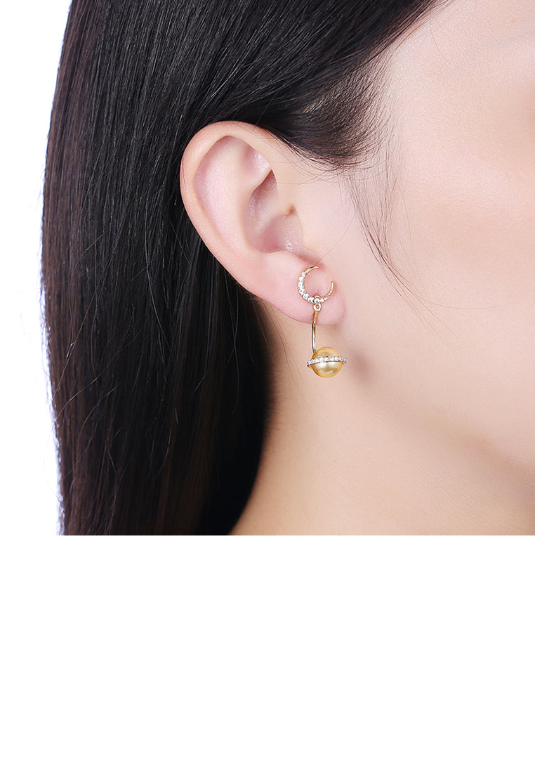 925 Sterling Silver Fashion Sparkling Starry Sky Stars and Moon Planet Earrings with Golden Pearl and Austrian Element Crystal - Luxurious Look