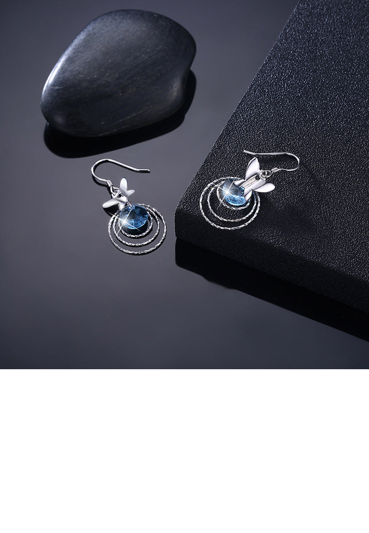 925 Sterling Silver Elegant Sweet and Romantic Butterfly Circle Earrings with Blue Austrian Element Crystal