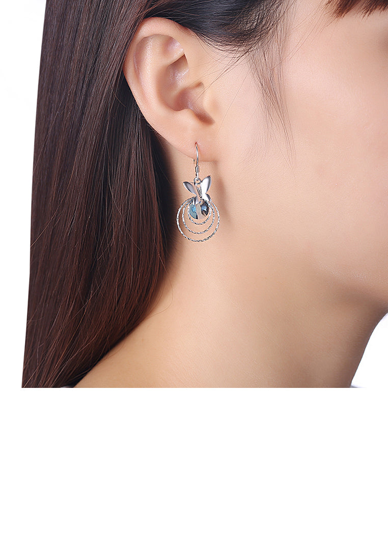 925 Sterling Silver Elegant Sweet and Romantic Butterfly Circle Earrings with Blue Austrian Element Crystal