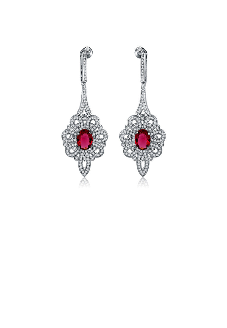 Fashion and Elegant Geometric Pattern Earrings with Red Cubic Zirconia - Luxurious Look - Vibrant Color