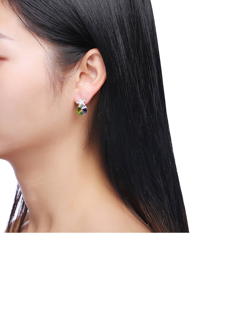 925 Sterling Silver Fashion Star Green Austrian Crystal Element Stud Earrings
