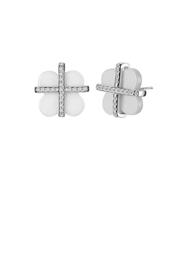 925 Sterling Silver Fashion Simple Four-leafed Clover Cubic Zircon White Ceramic Stud Earrings