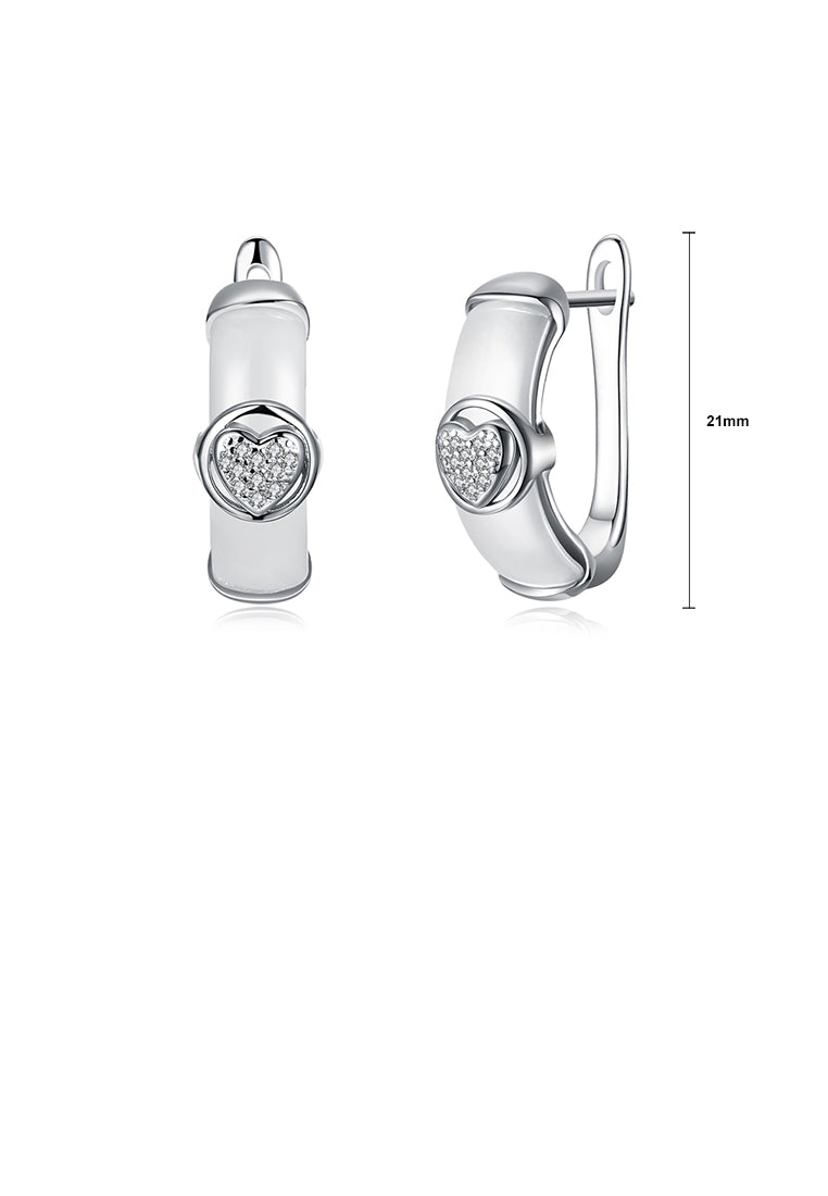 925 Sterling Silve White Ceramic Elegant Noble Heart Shape Earrings with Cubic Zircon