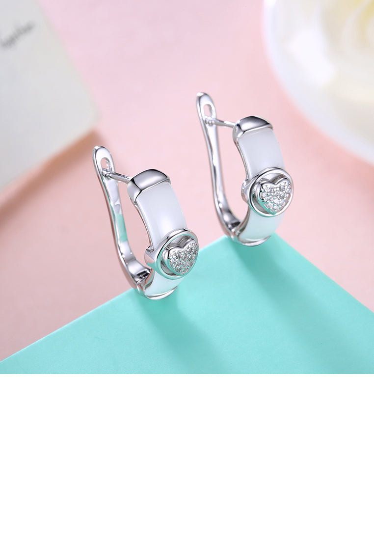 925 Sterling Silve White Ceramic Elegant Noble Heart Shape Earrings with Cubic Zircon