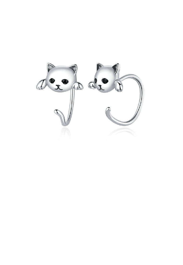 925 Sterling Silver Simple Cute Cat Geometric Stud Earrings with Cubic Zirconia - Luxurious Look