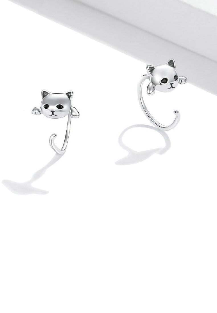 925 Sterling Silver Simple Cute Cat Geometric Stud Earrings with Cubic Zirconia - Luxurious Look